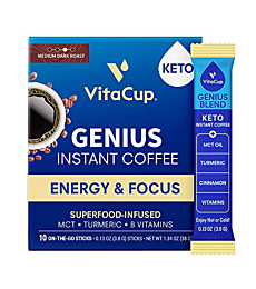 VitaCup Genius Instant Coffee Packets, Increase Energy & Focus, Keto Coffee, Serve Hot or Cold Brew, MCT Oil, Turmeric, B Vitamins, D3, Bold & Smooth,100% Arabica Coffee in Single Serve Sticks, 10 Ct