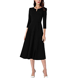 VFSHOW Womens Black Spring Fall Pleated Notch V Neck Pockets Buttons Split Work Office Business Party A-Line Midi Dress 3539 BLK L