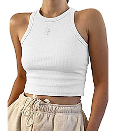 Meladyan Women's Round Neck Basic Racerback Camisole Rib-Knit Solid Sleeveless Crop Tank Tops (Medium, White)