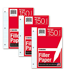 KAISA Filler Paper Loose Leaf Paper, Wide Ruled Paper, 8"x10-1/2", 3-Hole Punched Binder Paper For 3-Ring Binders,150 Sheets/pack 3Pack, F15001W