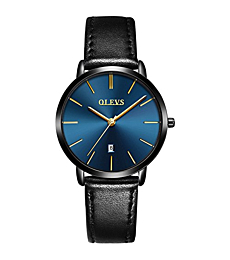 OLEVS Women Wrist Watches Ultra Thin 6.5mm Minimalist Dress Fashion Black Leather Strap Blue Face Quartz Waterproof Date Day Slim Watches for Ladies