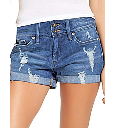 Ripped denim shorts with folded hems from Bestmarket Women's Jeans. These stylish and comfortable shorts are perfect for summer and can be dressed up or down.