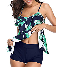 Holipick Women Plam Leaf Tankini Swimsuits Two Piece Tummy Control Bathing Suits Ruffle Swim Tank Top with Boy Shorts Swimwear XS