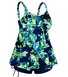 Septangle Women's Two Piece Tankini Swimsuit Modest Plus Size Swimwear with Shorts V Neck Full Coverage Bathing Suit Flowy Tanking Swim Suit,Navy&Cyan,US18