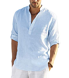 COOFANDY Men's Cotton Linen Henley Shirt Long Sleeve Hippie Casual Beach T Shirts (Large, Blue-001)