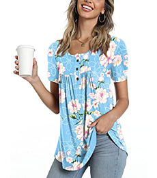 POPYOUNG Women's Summer Henley Shirts V Neck Button up Tunic Tops Casual Short Sleeve Blouse T-Shirts L, Floral Blue