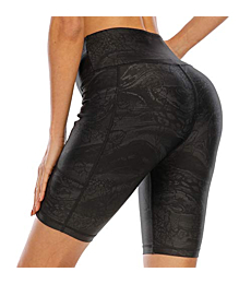 OUYISHANG Biker Shorts for Women High Waist,8" Workout Shorts Womens Yoga Shorts with Pockets Exercise Beach Sports ShortY013-tree Embossing-S