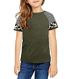 Dokotoo Girls Short Sleeve Shirts Stripes Leopard Print Colorblock Sweat Girls' Tops, Tees & Blouse Cute Baby Kids Gifts T Shirt for Teen Girls Green Size 4-5