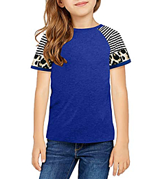Dokotoo Girls Short Sleeve Shirts Stripes Leopard Print Colorblock Sweat Girls' Tops, Tees & Blouse Cute Baby Kids Back School Gifts T Shirt for Teen Girls Blue Size 4-5