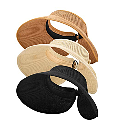 MEINICY 3PCS Foldable Straw Sun Visor Hats for Women, Wide Brim Ponytail Summer Beach Hat, Protect Your Skin Easily (Nature+Black+Beige 3PCS)…