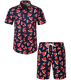 JOGAL Men's Fun Fruit Printed Short Sleeve Button Down Hawaiian Shirt Suits XX-Large Navy Blue Yellow