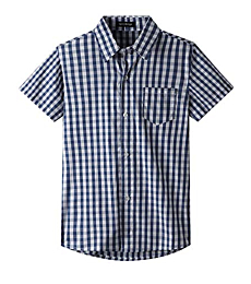 Spring&Gege Boys' Short Sleeve Poplin Button Down Shirt Plaid Uniform Dress Shirts, Navy Blue Large Check Gingham,7-8 Years