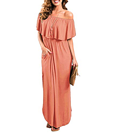 Sarin Mathews Womens Dresses Off The Shoulder Summer Ruffle Party Dresses Side Split Beach Long Maxi Dress with Pockets Grapefruit XL
