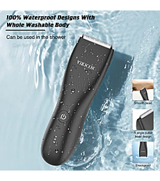 VIKICON Electric Groin Hair Trimmer: Ball Shaver & Body Groomer for Men Waterproof Wet / Dry Body Hair Clippers, Male Hygiene Razor with Standing Recharge Dock, Replaceable Ceramic Blade Heads (Black)
