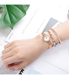Clastyle Rose Gold Watch and Bracelet Set for Women Elegant Rhinestone Slim Wrist Watch with 2 Bangles Mother of Pearl Ladies Bracelet Watches Gift for Her
