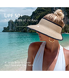 Joywant Womens Amia Summer Straw Visor Beach Hats with UV Protection Large Brim, Travel Packable Sun Visor Hat-Beige