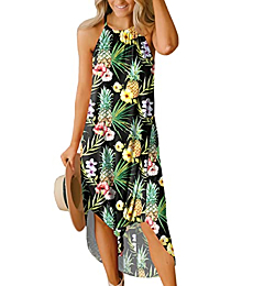 Womens Summer Sleeveless Side Slit Halter Maxi Pineapple Floral Sundress L