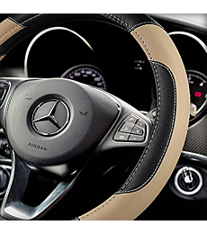 Leather Car Steering Wheel Cover, Non-Slip Car Wheel Cover Protector Breathable Microfiber Leather Universal Fit for Most Cars(Beige)