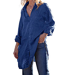 Runcati Womens Button Down Shirts Linen Cotton Long Sleeve Blouse Tunic Tops Cover Up Shirt Loose Beach Bikini Dress