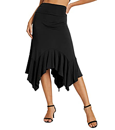 Urban CoCo Women's Flowy Stretchy Skirt Handkerchief Hemline Midi Skirt (Black, L)