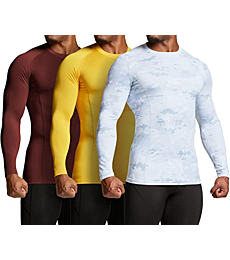 ATHLIO Men's UPF 50+ Long Sleeve Compression Shirts, Water Sports Rash Guard Base Layer, Athletic Workout Shirt, 3pack Arctic Camo/Brick/Yellow, Small