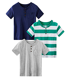 Spring&Gege Toddler Boys' 3-Pack Short Sleeve Henley T-Shirts Cotton Pocket Tee Shirts, Grey, Navy Blue, Green and White Stripes, Size 7-8 Years