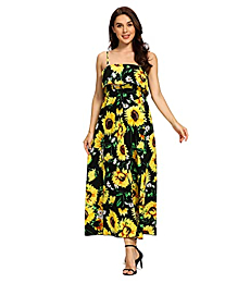Women's Summer Hawaiian Floral Long Maxi Dress with Strap Casual Bohemian Beach Party Floral Petal Black Tag M