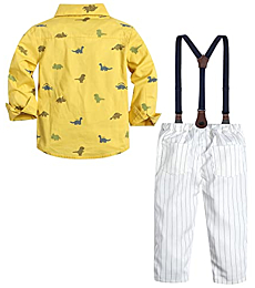 Toddler Baby Boys Gentleman Outfit Suits, Long Sleeves Dress Shirt with Bowtie + Suspender Pants Clothes Set， Yellow Dino + White Striped， 2-3 Years = Tag 110
