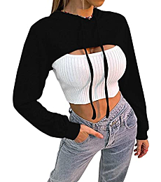 Women Long Sleeve Cropped Super Crop Top Hoodies Sweatshirt Aesthetic Punk Hip Hop Dance Sexy Rave Festival Clothes Going Out Tops Black S