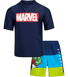Marvel Boys' Avengers UPF 50+ Rash Guard Set - Captain America, Iron Man Swim Shirt and Trunks (2T-12), Size 3T, Navy Avengers Multi Stripe