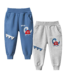HILEELANG Toddler Boys' Jogger Pants 2-Pack Pull on Elastic Blue Grey Dinosaur Playwear Sweatpants 3T