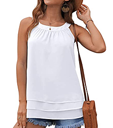 GRECERELLE Womens Halter Tops Casual Sleeveless Tank Tops Pleated Chiffon Vest Shirts Round Neckline Fashion Layered Blouse for Women White-Small