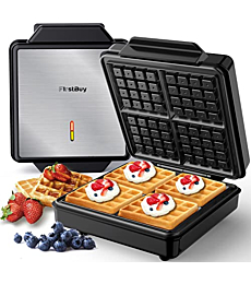 FirstBuy Belgian Waffle Maker, 1200W Waffle Iron with Indicator Lights for Breakfast, 4 Slices Square Non-Stick Waffle Machine with Cord-wrap for Family Use, Black