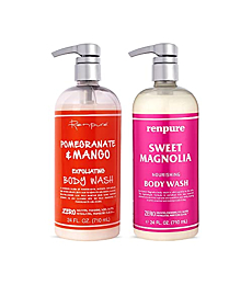 Renpure Pomegranate Mango & Sweet Magnolia Moisturizing Body Wash for Dry Skin 2Pk – Gentle Exfoliating & Hydrating Natural Antioxidant Shower Gel & Sensitive Skin Body Wash with Pump for Women