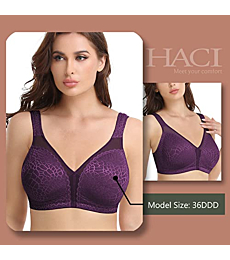HACI Women's Full Coverage Non Padded Wirefree Plus Size Minimizer Bra for Large Bust Support Seamless(46D, Purple)