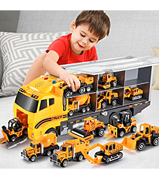 TEMI Toddler Toys for 3 4 5 6 Years Old Boys, Die-cast Construction Toys Car Carrier Vehicle Toy Set w/ Play Mat, Kids Toys Truck Alloy Metal Car Toys Set for Age 3-9 Toddlers Kids Boys & Girls