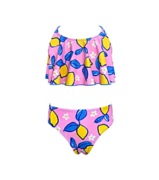 SHEKINI Girls Floral Printing Bathing Suits Ruffle Flounce High Waist Two Piece Swimsuits（ Pink Lemon Printing,12/14 Years