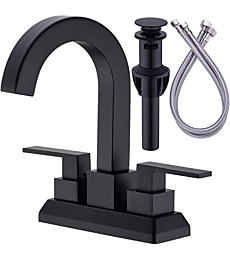 TRUSTMI Matte Black Bathroom Faucet 2 Handle 4 Inch Centerset, Modern Square Shaped Vanity Sink Faucet with Overflow Pop Up Drain and cUPC Water Supply Lines