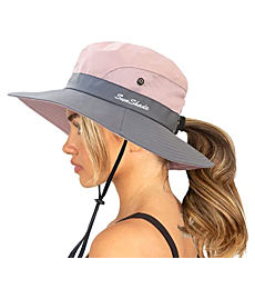Womens Summer Sun-Hat Outdoor UV Protection Fishing Hat Wide Brim Foldable-Beach-Bucket-Hat with Ponytail-Hole (Pink)