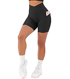 SUUKSESS Women Crossover Workout Shorts with Pockets Ribbed High Waisted Booty Biker Shorts (Black, L)