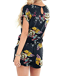 Womens Summer Black Floral Casual Front Tie Short Cute Rompers Jumpsuits with Pockets L