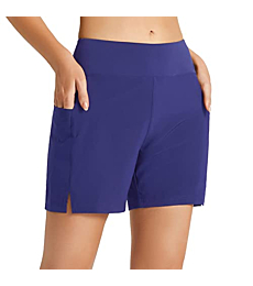 BALEAF Women's 5" Swim Shorts High Waisted Swimming Board Shorts Tummy Control Novelty Swimwear with Pockets Dazzling Blue S