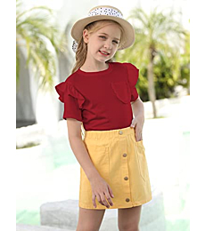 Kingdenergy Girls T Shirt Ruffles Short Sleeve Shirts Tops Casual Plain Tees Summer Clothes with Pocket Red