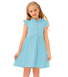 BesserBay Back to School Ruffle Sleeveless Button Down Light Blue Midi Aline Vintage Dress for Little Girls 7-8 Years
