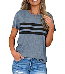 LEANI Women’s Short Sleeve T Shirts Crewneck Striped Color Block Tunic Tops Loose Casual Summer Tee Blue S