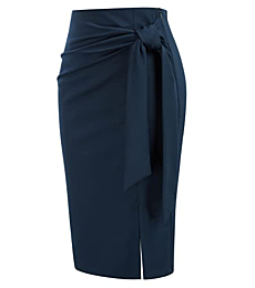 Kate Kasin Women's Skirt Elastic High Waist Bow Tie Knee Length Stretch Bodycon Pencil Skirts with Slit Navy XX-Large