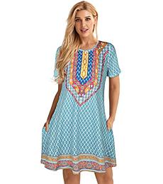Women Boho Dresses Summer Vintage Printed Ethnic Style Sundress Shift Short Sleeves Pocket(Light Blue Boho,L)