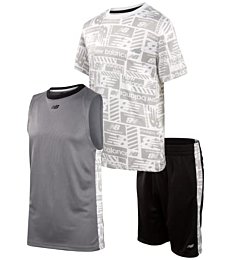 New Balance Boys' Active Shorts Set - 3 Piece Tank Top, T-Shirt, and Shorts (Size: 4-12), Size 8, White/Multi