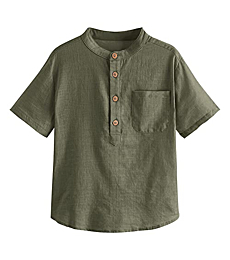 Inorin Boys Button Up Henley Shirt Short Sleeve Lightweight Summer Linen Cotton Dress Shirts Tees Tops with One Pocket Army Green