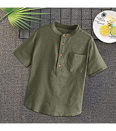 Inorin Boys Button Up Henley Shirt Short Sleeve Lightweight Summer Linen Cotton Dress Shirts Tees Tops with One Pocket Army Green